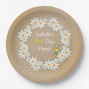 Daisy Wreath and Flying Bumble Bee Birthday Paper Plate