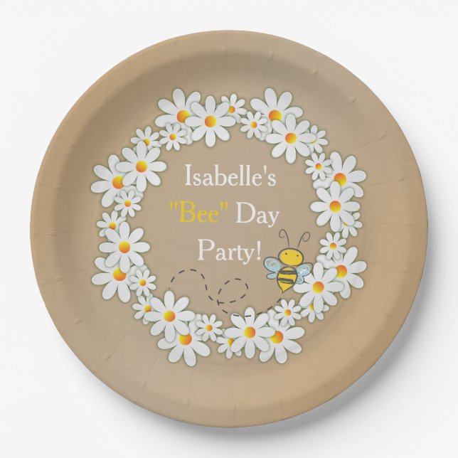 Daisy Wreath and Flying Bumble Bee Birthday Paper Plate (Front)