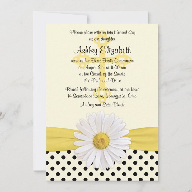 Daisy yellow ivory white polka dot First Communion Invitation (Front)