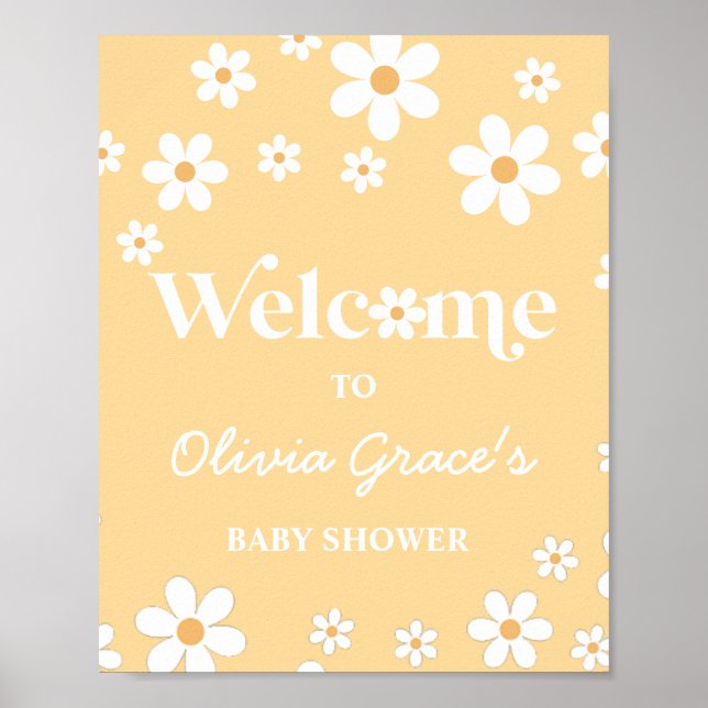 Daisy yellow Retro Peace Love Baby Shower Welcome Poster (Front)