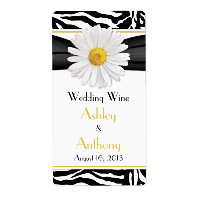 Daisy Zebra Print Wedding Wine Bottle Labels (Front)