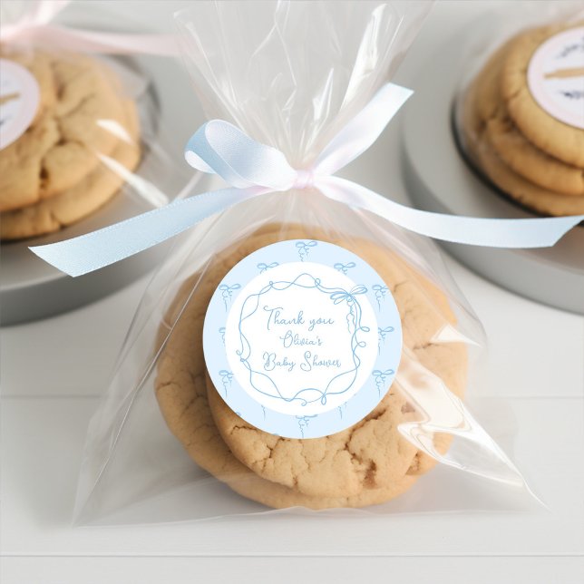 Daity bow blue hand drawn wavy frame thank you classic round sticker (Creator Uploaded)