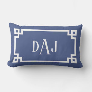 DAJ Blue and White Greek Key Script Monogram Lumbar Pillow