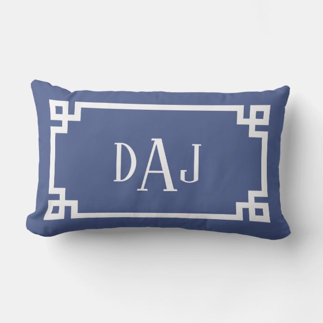 DAJ Blue and White Greek Key Script Monogram Lumbar Pillow (Front)