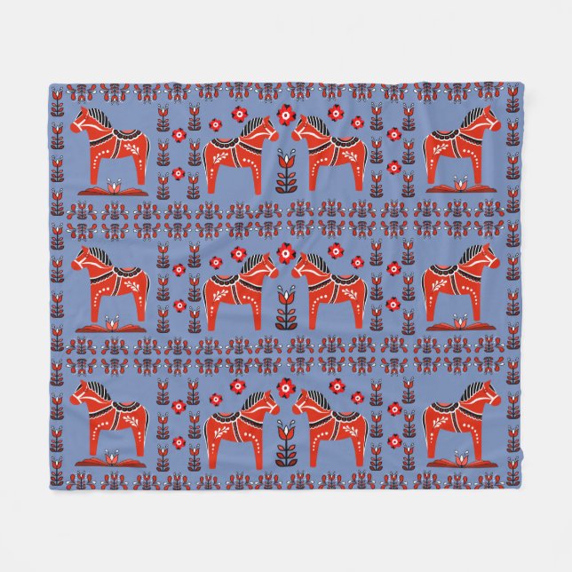 Dala folk horse, Nordic/Norwegian, red/blue Fleece Blanket (Front (Horizontal))