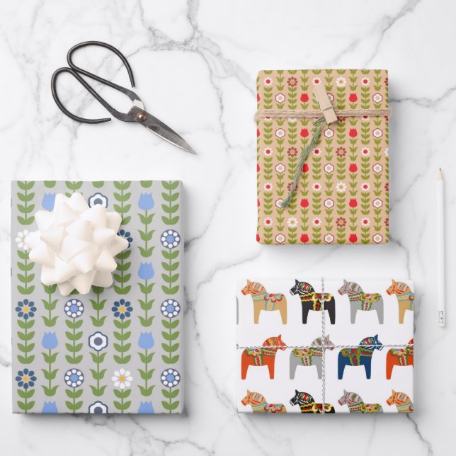 Dala Horse And Floral Swedish Folk Art Pattern Wrapping Paper Sheet (Front)