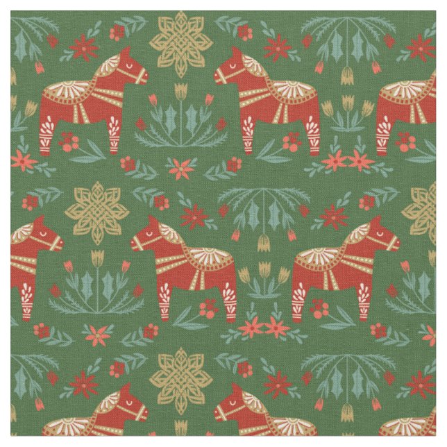 Dala Horse Christmas Folk Fabric (Close Up)