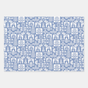 Dala Horse Collage Periwinkle Wrapping Paper Sheet