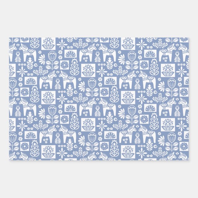 Dala Horse Collage Periwinkle Wrapping Paper Sheet (Front)