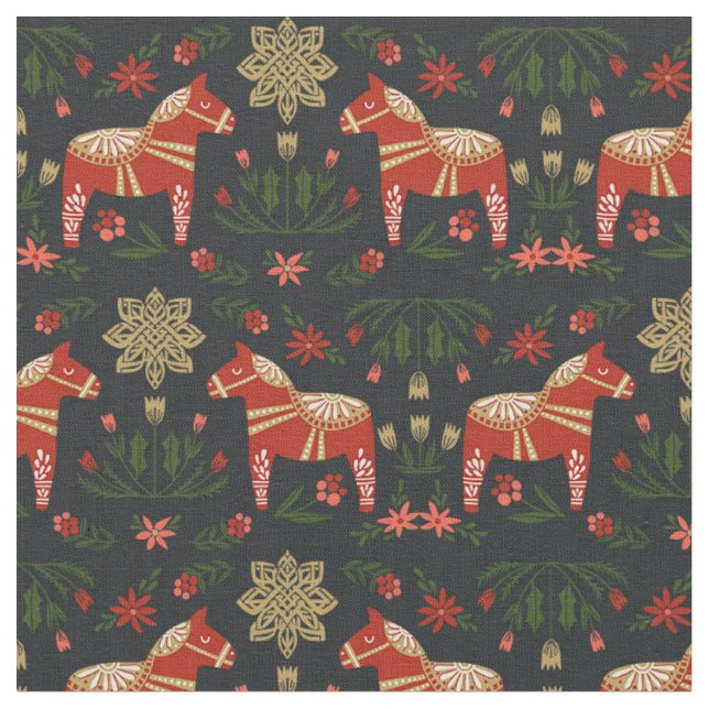 Dala Horse Folk Christmas black Fabric (Close Up)