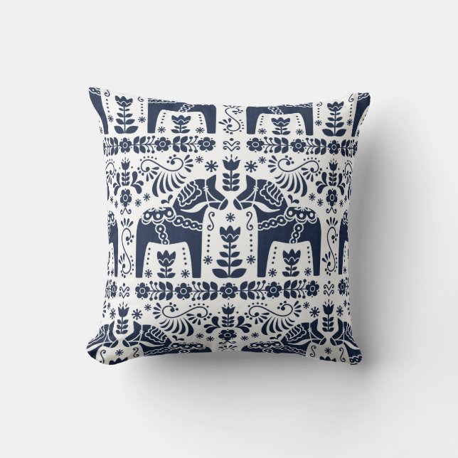 Dala Horse, Navy Blue & White Folk Print Throw Pillow (Front)