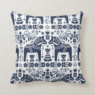 Dala Horse, Navy Blue & White Folk Print Throw Pillow