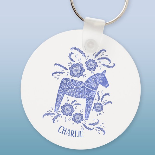 Dala Horse Swedish Folk Art Blue Custom Name Keychain (Blue and white Swedish Dala Horse personalized name aluminium keyring keychain)