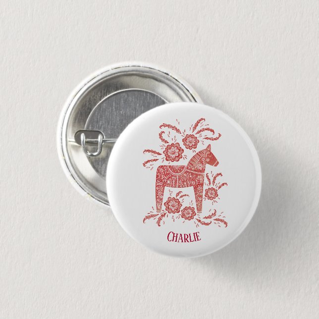 Dala Horse Swedish Folk Art Custom Name 1 Inch Round Button (Front & Back)