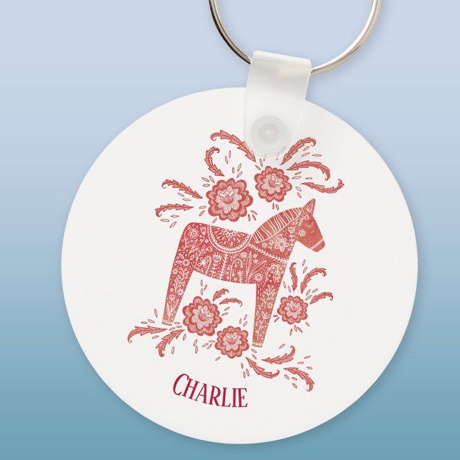 Dala Horse Swedish Folk Art Custom Name Keychain (Red and white Swedish Dala Horse personalized name aluminium keyring keychain)