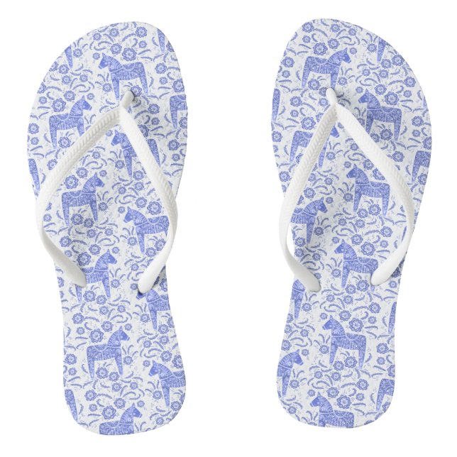 Dala Horse Swedish Indigo Blue and White Pattern Flip Flops (Footbed)