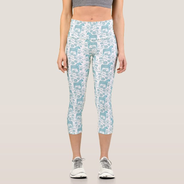 Dala Horse Swedish Teal and White Pattern Capri Leggings (Front)