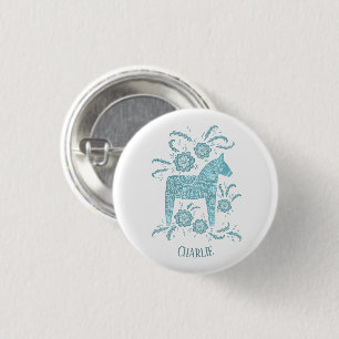Dala Horse Teal Swedish Folk Art Custom Name 1 Inch Round Button