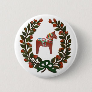 Dala Horse Wreath 2 Inch Round Button