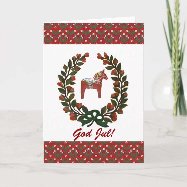 Dala Horse Wreath God Jul Merry Christmas Holiday Card (Front)