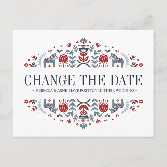 Dala Horses  WEDDING CHANGE THE DATE POSTPONEMENT Announcement Postcard (Front)