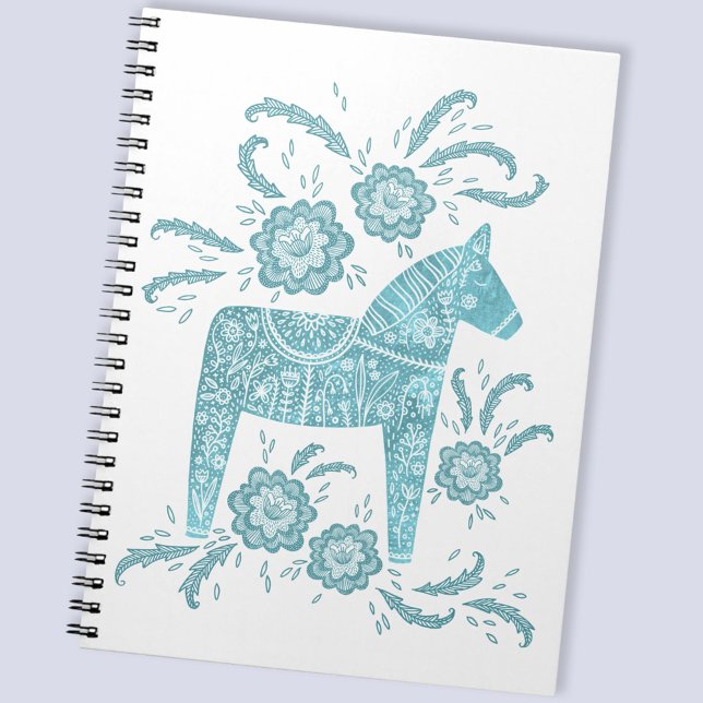 Dala suédois Cheval Turquoise & blanc Carnet d'art (Swedish Dala Horse folk art teal and white notebook)