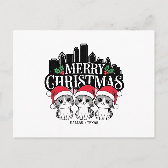 Dallas City Texas Merry Christmas Cats USA Postcard (Front)