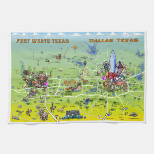 Dallas Fort Worth Cartoon Map Kitchen Towel