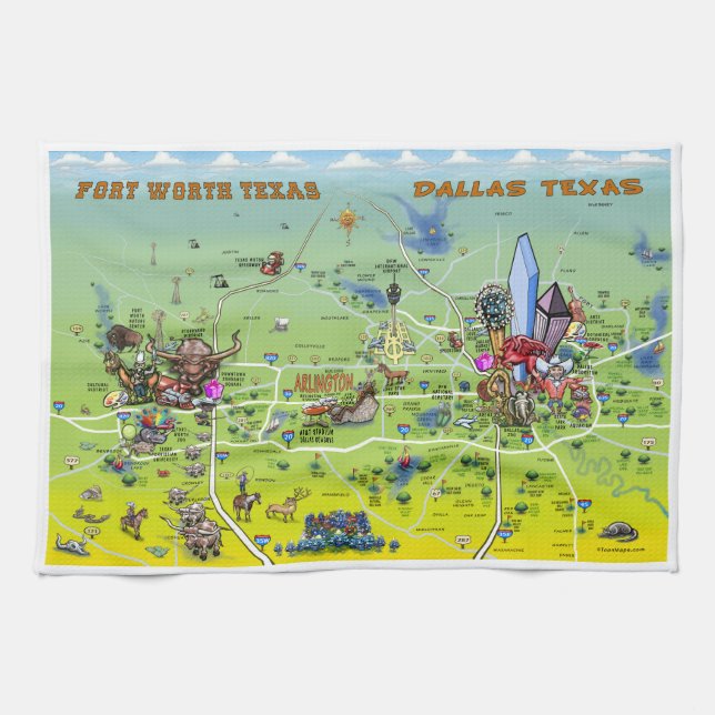Dallas Fort Worth Cartoon Map Kitchen Towel (Horizontal)