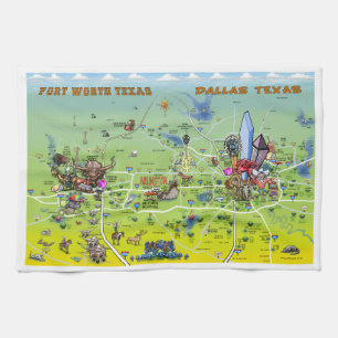 Dallas Fort Worth Cartoon Map Kitchen Towel
