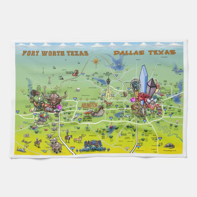Dallas Fort Worth Cartoon Map Kitchen Towel (Horizontal)