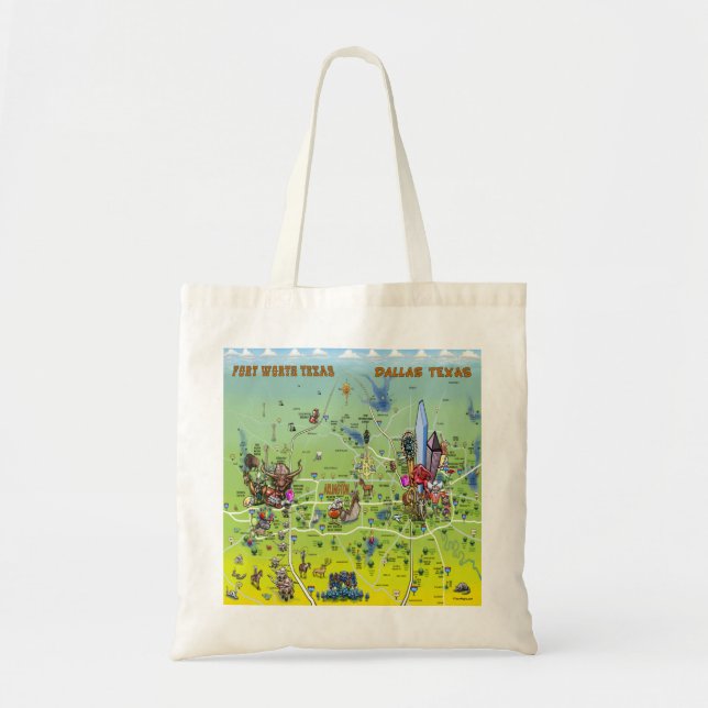 Dallas Fort Worth Cartoon Map Tote Bag (Front)