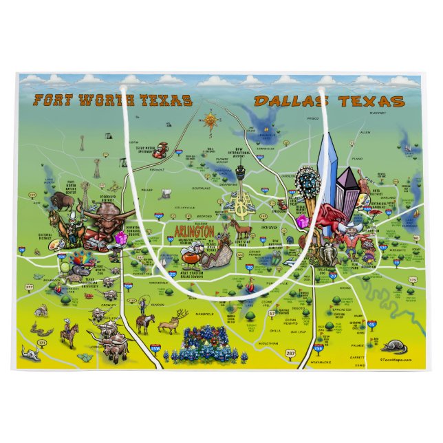 Dallas Fort Worth Texas Cartoon Map Large Gift Bag (Front)