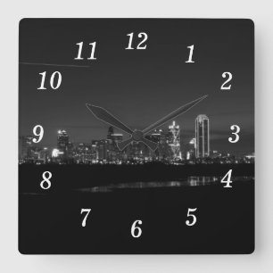 Dallas Skyline Dawn Pano Grayscale Horloge murale