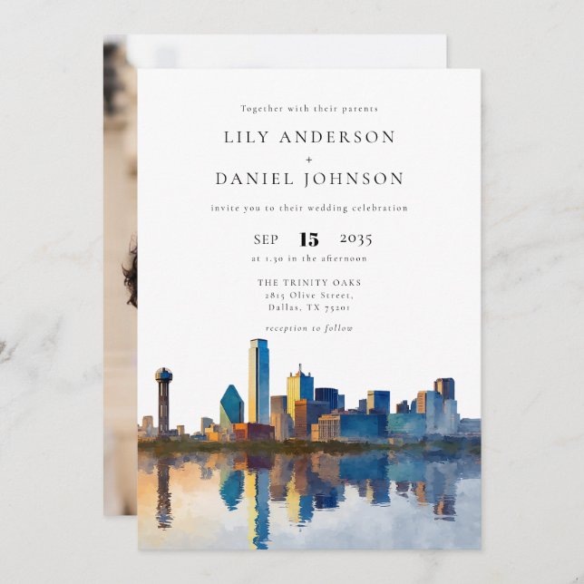 Dallas Skyline Destination Photo Wedding Invitation (Front/Back)