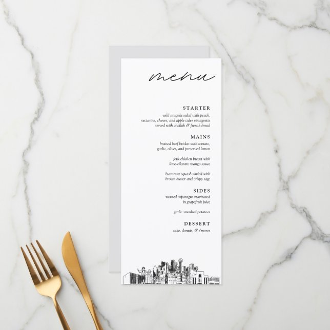 Dallas Skyline Menu Mariage Dîner (Devant/Arrière en situation)