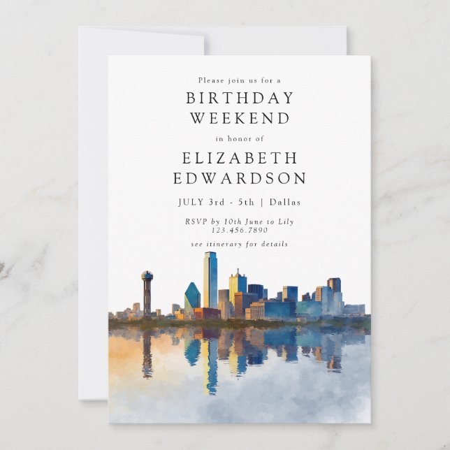 Dallas Skyline Watercolor Birthday Weekend Invitation (Front)