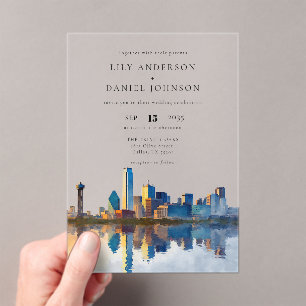 Dallas Skyline Watercolor Destination Wedding Acrylic Invitations