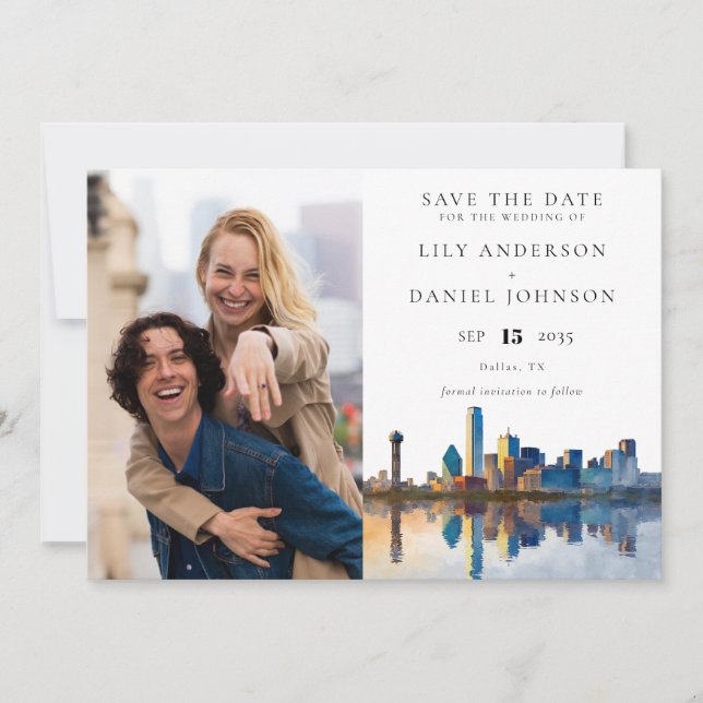Dallas Skyline Watercolor Photo Wedding Save The Date (Front)