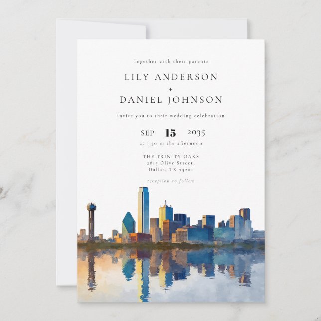 Dallas Skyline Watercolor QR Code Wedding Invitation (Front)