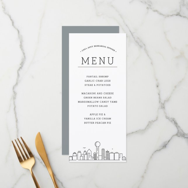Dallas Skyline | Wedding Event Dinner Menu (Front/Back In Situ)