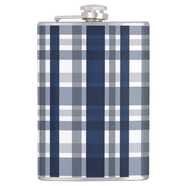 Dallas Sports Fan Navy Blue Silver Plaid Striped Hip Flask (Front)