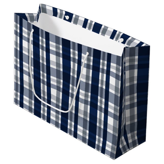 Dallas Sports Fan Navy Blue Silver Plaid Striped Large Gift Bag (Front Angled)