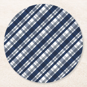 Dallas Sports Fan Navy Blue Silver Plaid Striped Round Paper Coaster