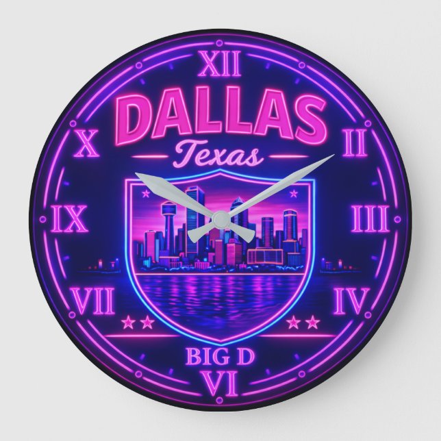 Dallas Texas Big D Skyline Neon Large Clock (Front)