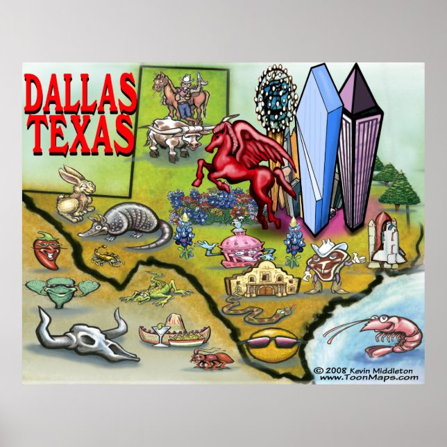 Dallas TEXAS Cartoon Map Poster (Front)