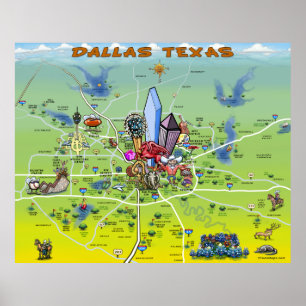 Dallas Texas Cartoon Map Poster