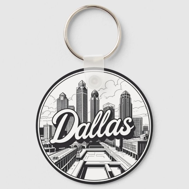 Dallas Texas Skyline Black and White Cityscape Keychain (Front)
