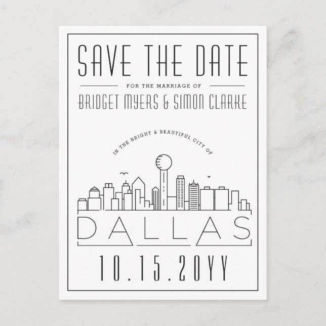 Dallas, Texas | Stylized Skyline Save the Date Postcard (Front)