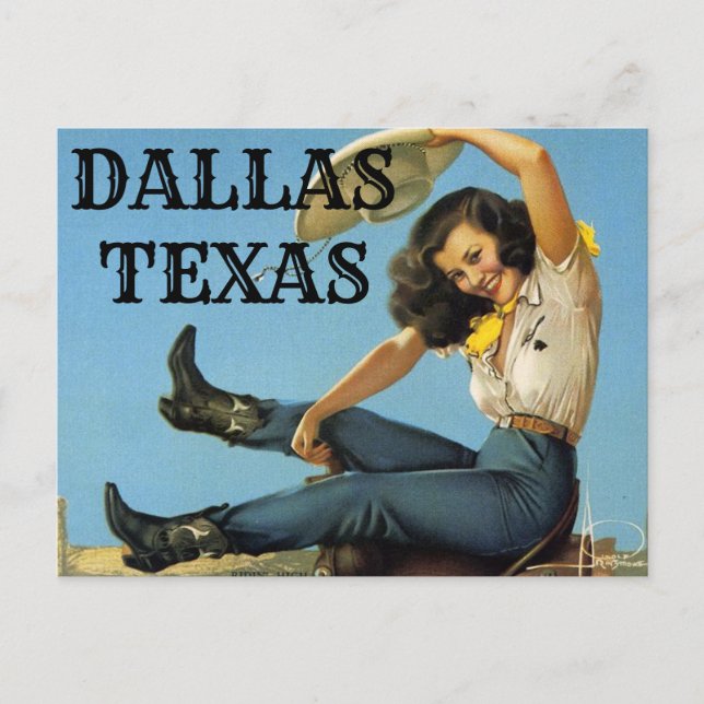 Dallas Texas Vintage travel Cowgirl Postcard (Front)